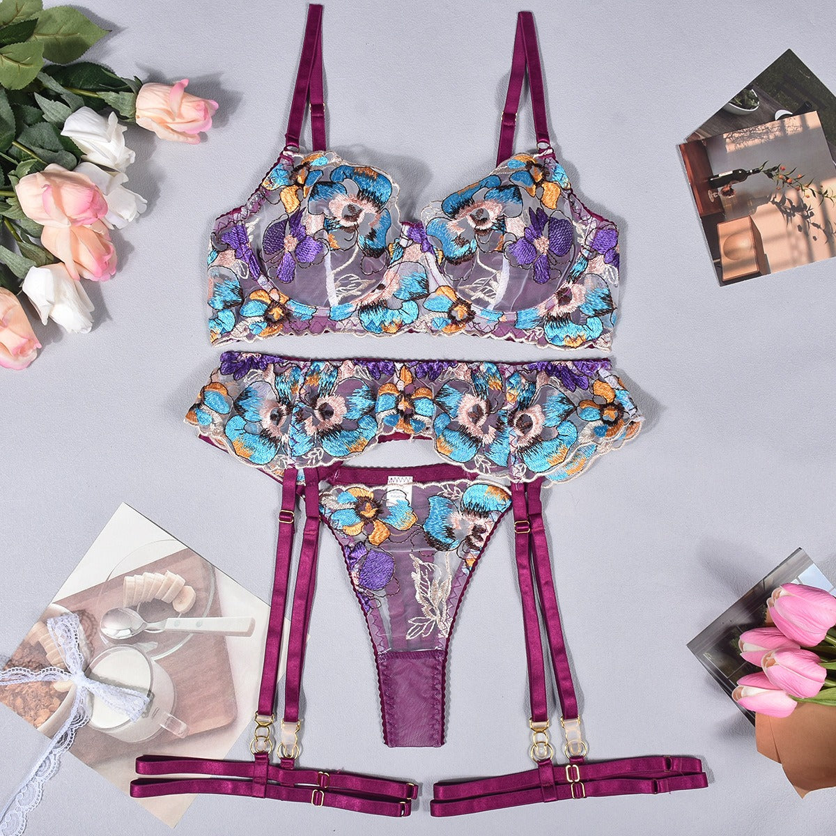 Temptress Embroidered Four-Piece Set