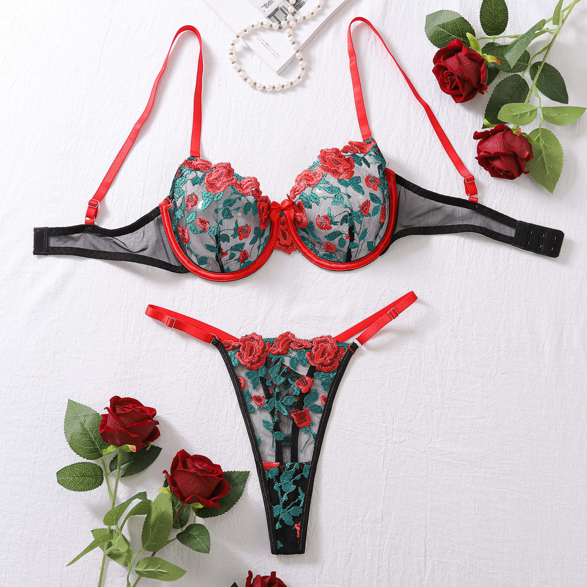 New style fun two-piece fashionable contrasting floral embroidery sexy see through lingerie