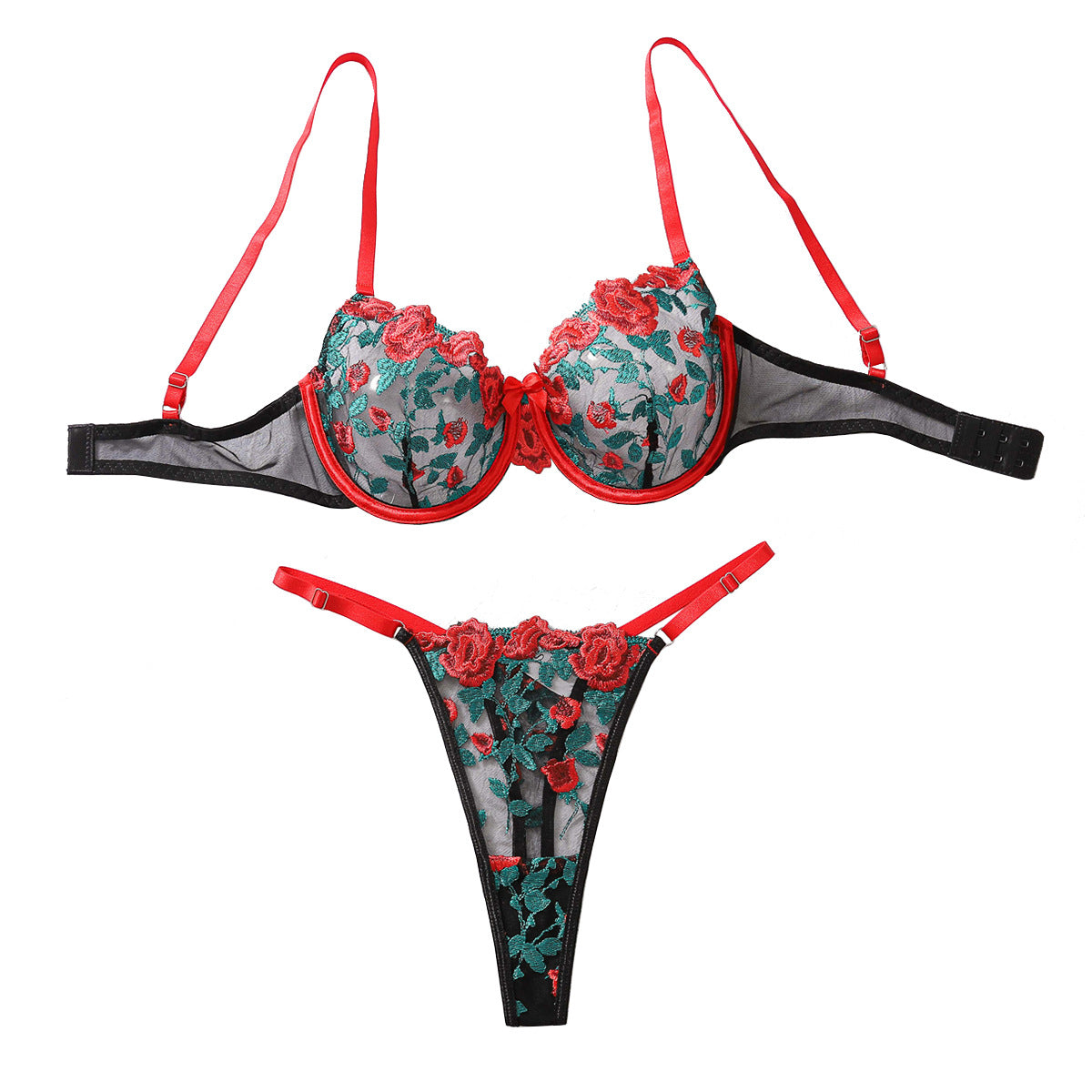 New style fun two-piece fashionable contrasting floral embroidery sexy see through lingerie