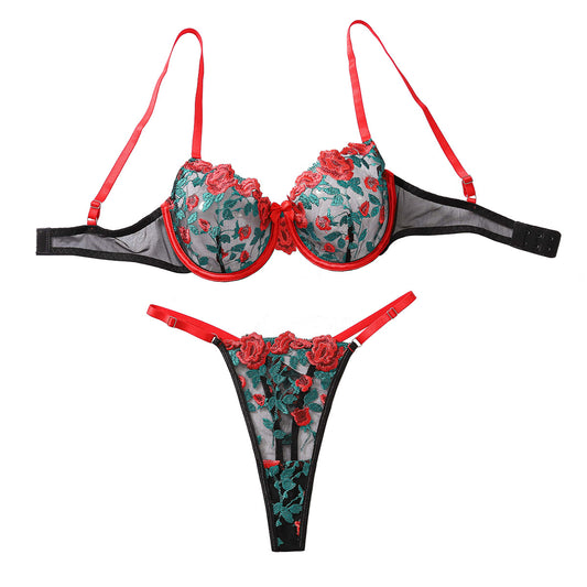 New style fun two-piece fashionable contrasting floral embroidery sexy see through lingerie